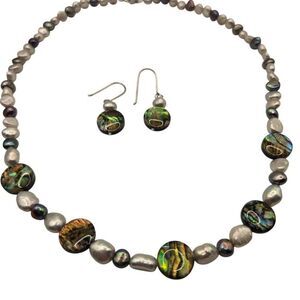 Paua Shell Freshwater Pearl Necklace Dangle Earrings Set Sterling Silver